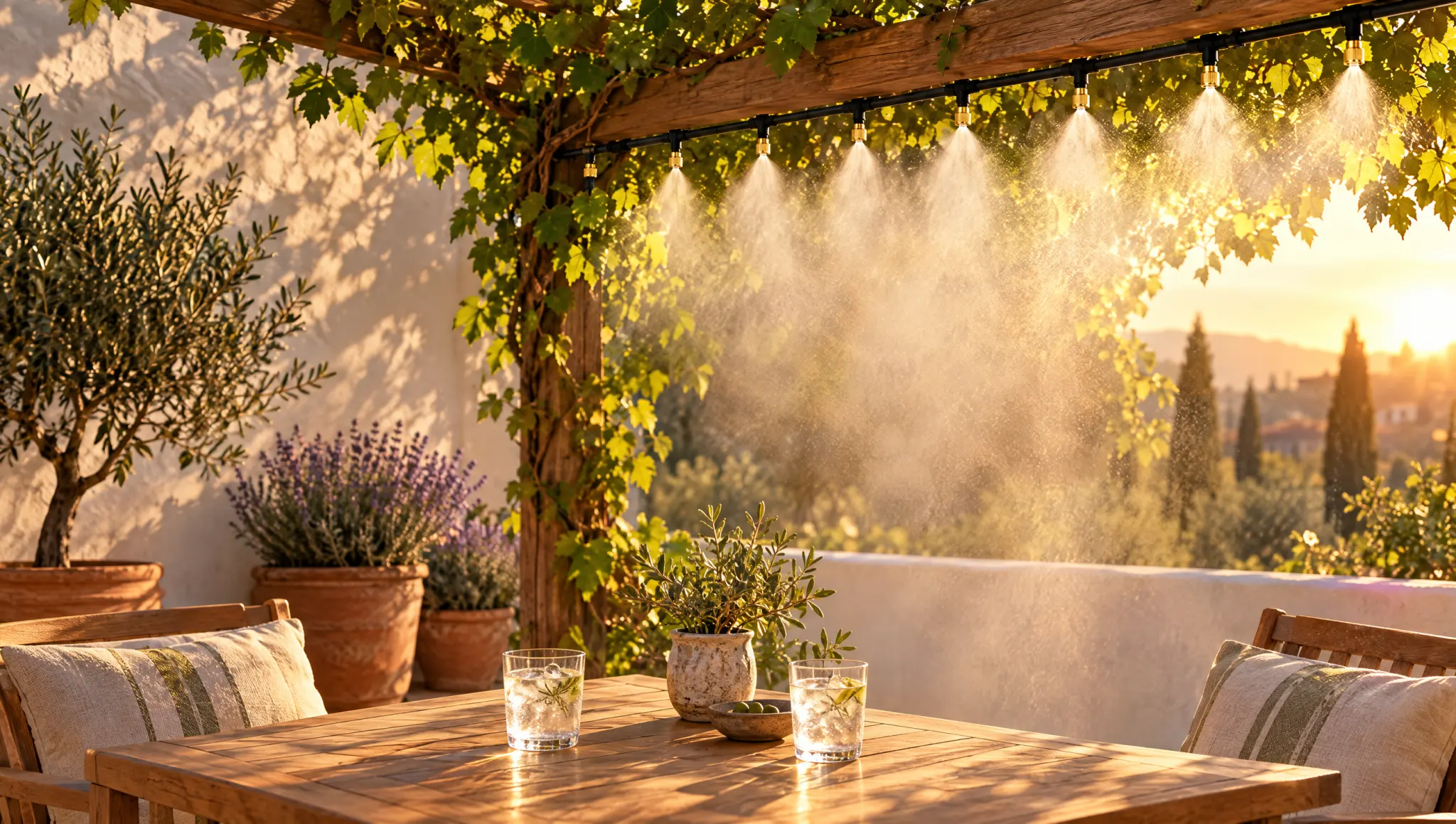 Terrasse ombragée en été, un voile de brume fine descend d'une pergola au-dessus d'une table en bois